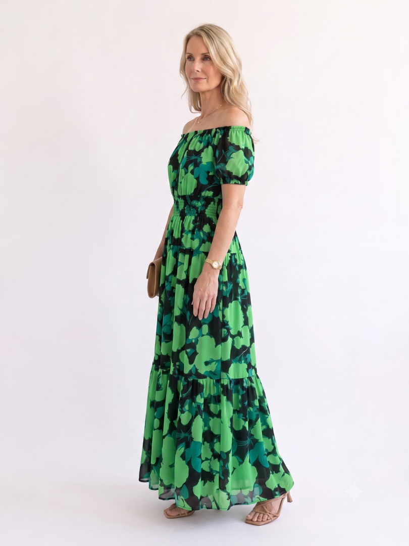 Women's Off-Shoulder Maxi Dress with Shirred Waist - Summer