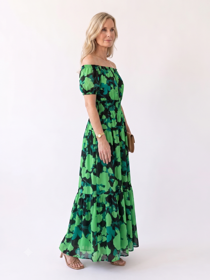 Women's Off-Shoulder Maxi Dress with Shirred Waist - Summer