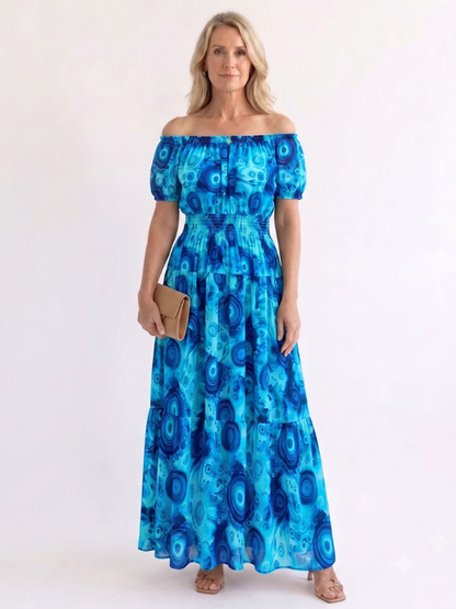 Women's Off-Shoulder Maxi Dress with Shirred Waist - Summer