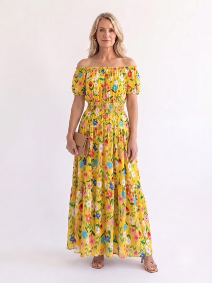 Women's Off-Shoulder Maxi Dress with Shirred Waist - Summer