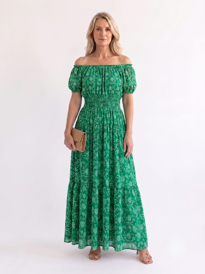 Women's Off-Shoulder Maxi Dress with Shirred Waist - Summer