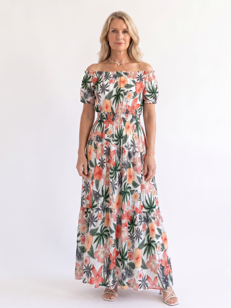 Women's Off-Shoulder Maxi Dress with Shirred Waist - Summer