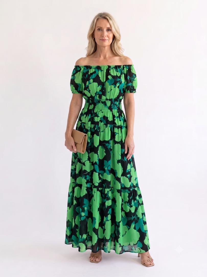 Women's Off-Shoulder Maxi Dress with Shirred Waist - Summer