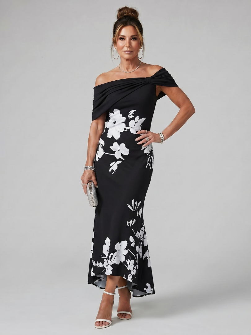 Women's Off Shoulder Midi Dress with Draped Neckline for Evening