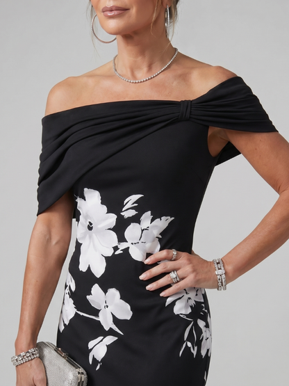 Women's Off Shoulder Midi Dress with Draped Neckline for Evening