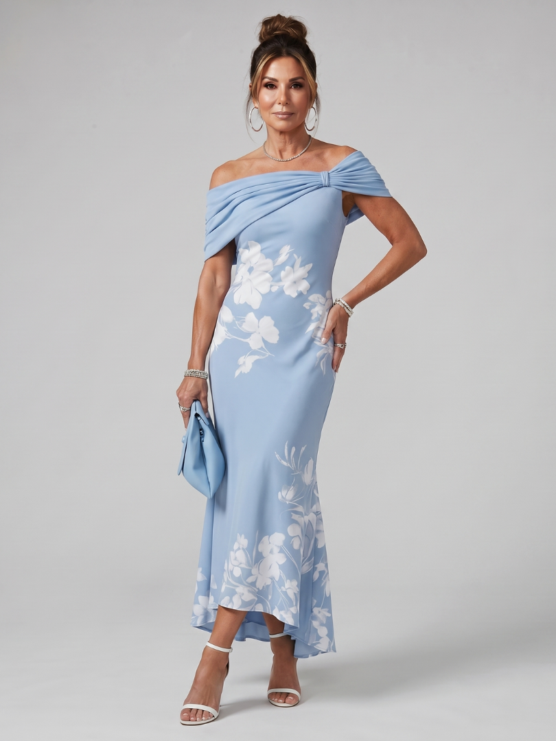 Women's Off Shoulder Midi Dress with Draped Neckline for Evening