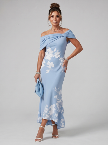Women's Off Shoulder Midi Dress with Draped Neckline for Evening