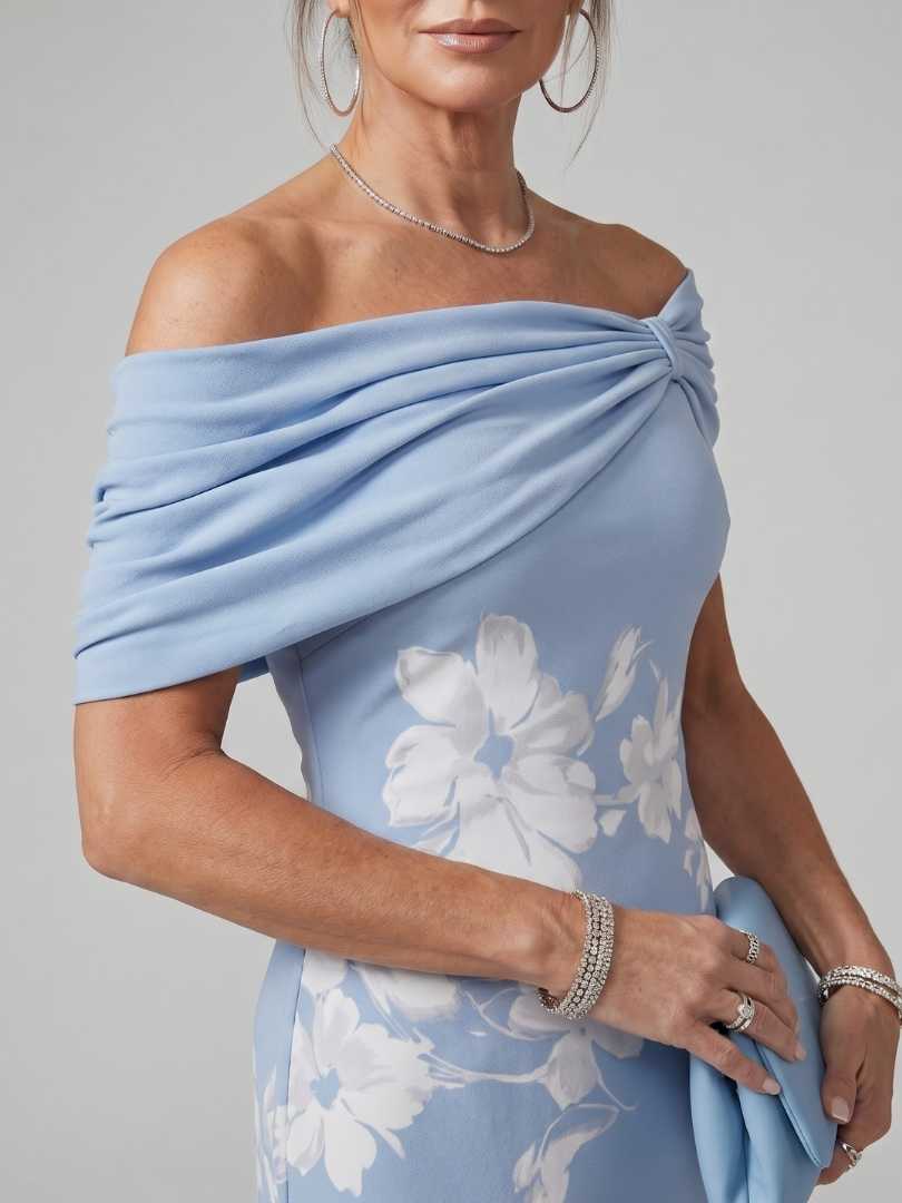 Women's Off Shoulder Midi Dress with Draped Neckline for Evening