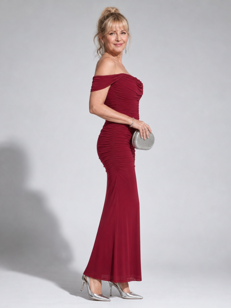 Women's Off Shoulder Midi Dress with Ruched Bodice for Evening Wear