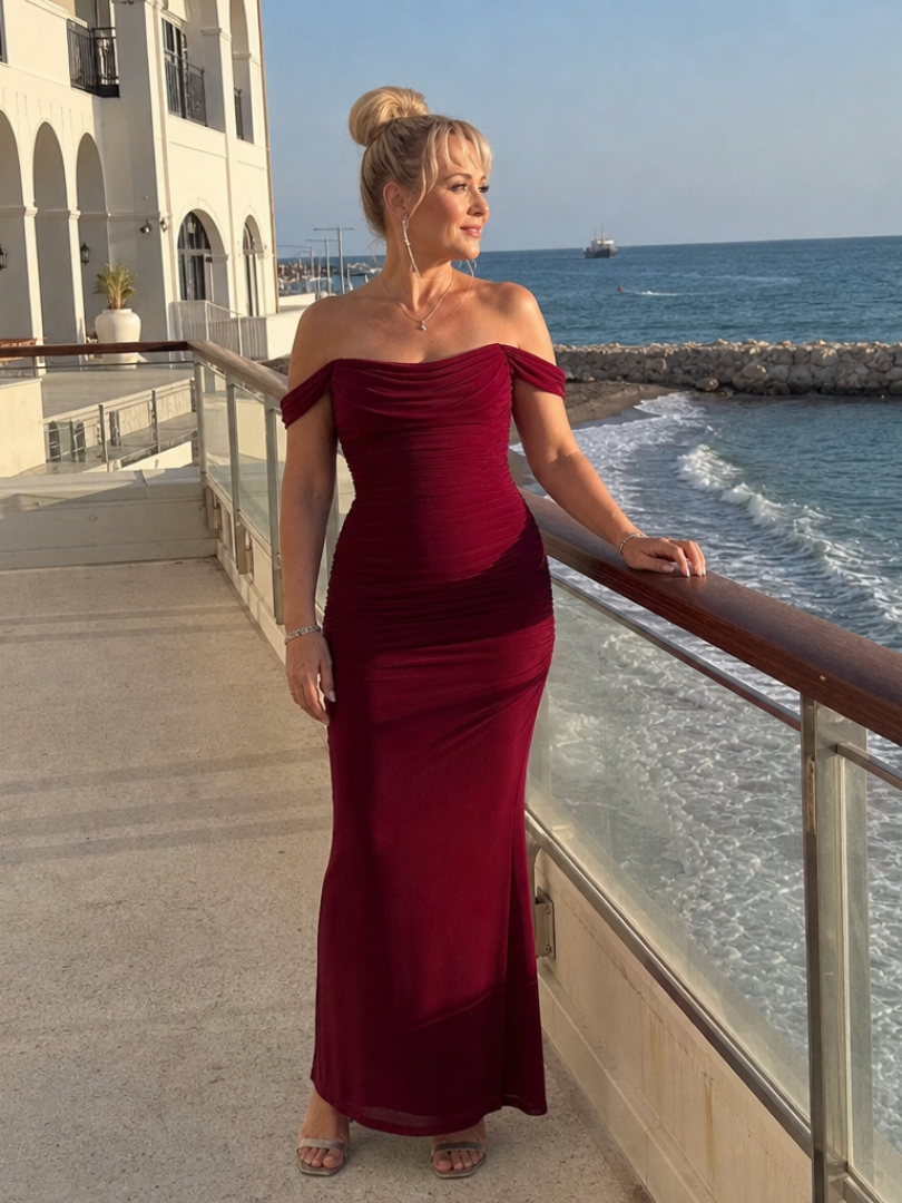 Women's Off Shoulder Midi Dress with Ruched Bodice for Evening Wear