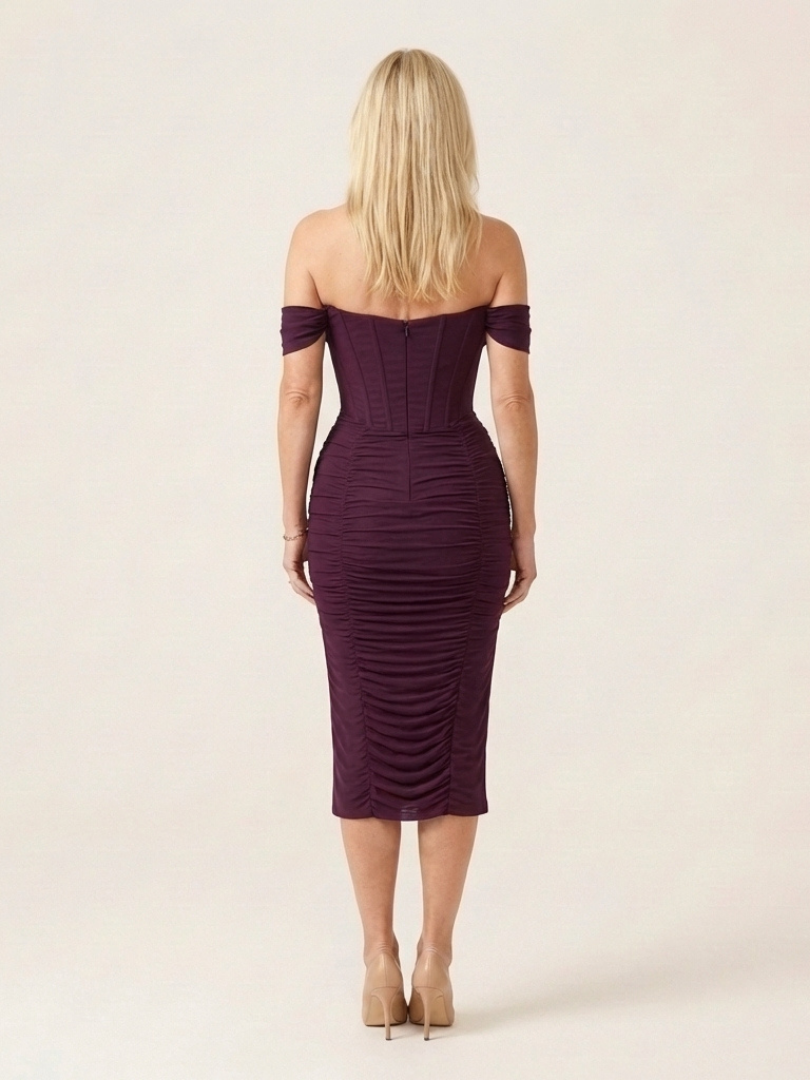 Women's Off Shoulder Midi Dress with Ruched Detail for Evening