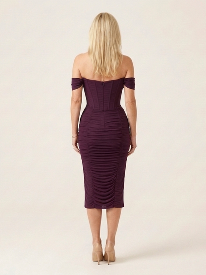 Women's Off Shoulder Midi Dress with Ruched Detail for Evening