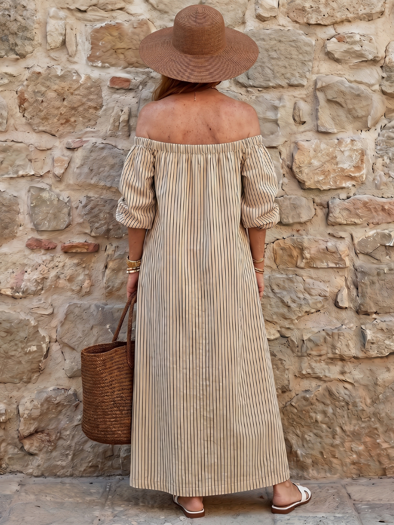Women's Off Shoulder Midi Dress with Stripe Pattern-Summer