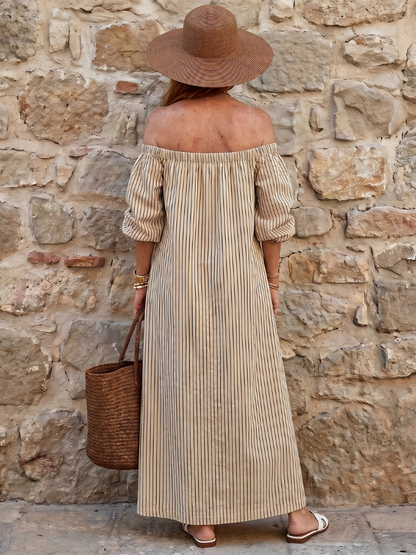 Women's Off Shoulder Midi Dress with Stripe Pattern-Summer