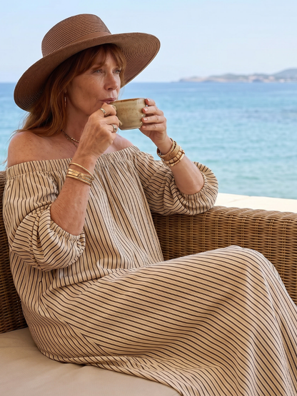 Women's Off Shoulder Midi Dress with Stripe Pattern-Summer