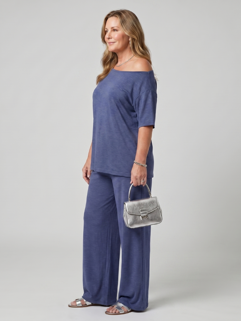 Women's Off-Shoulder Top and Wide-Leg Set with Drawstring