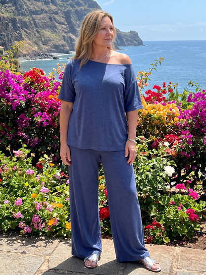 Women's Off-Shoulder Top and Wide-Leg Set with Drawstring