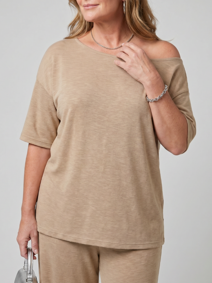 Women's Off-Shoulder Top and Wide-Leg Set with Drawstring
