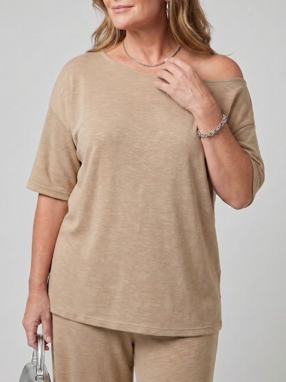 Women's Off-Shoulder Top and Wide-Leg Set with Drawstring