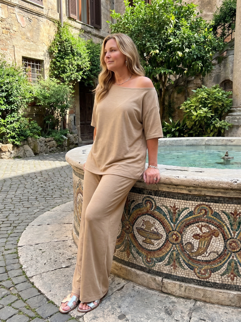 Women's Off-Shoulder Top and Wide-Leg Set with Drawstring
