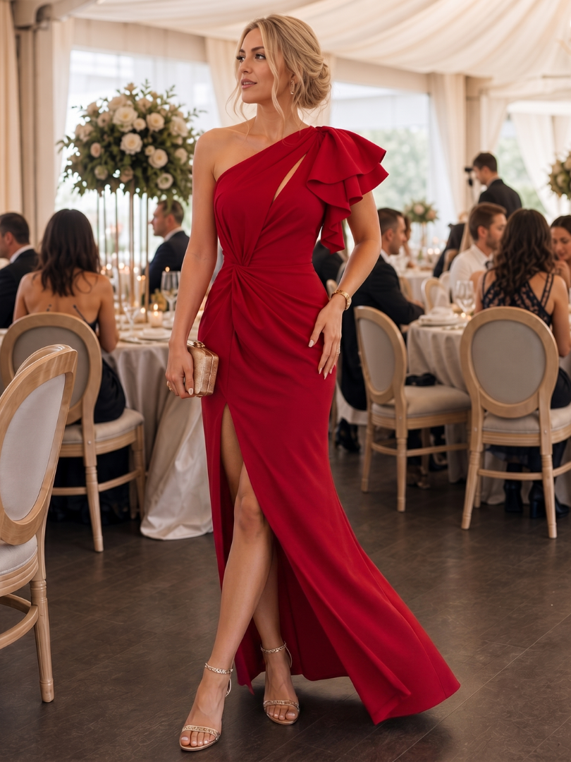 Women's One Shoulder Midi Dress with Draped Bodice for Evening
