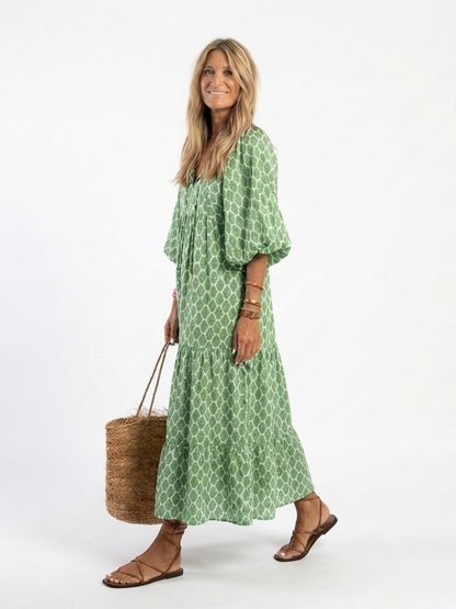 Women's Patterned Midi Dress with V-Neck for Travel