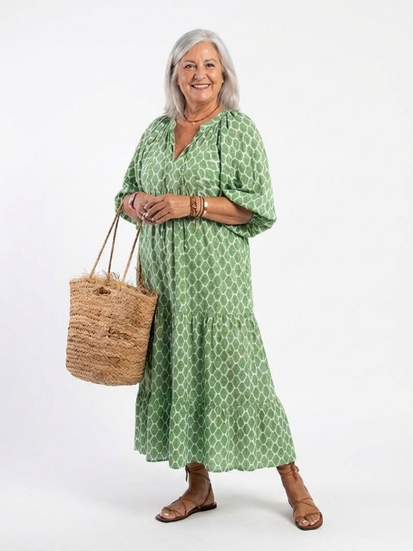 Women's Patterned Midi Dress with V-Neck for Travel