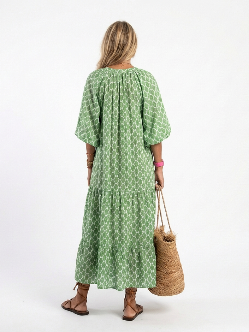 Women's Patterned Midi Dress with V-Neck for Travel