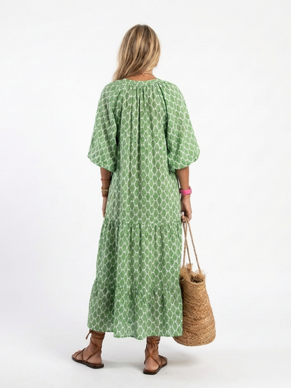 Women's Patterned Midi Dress with V-Neck for Travel