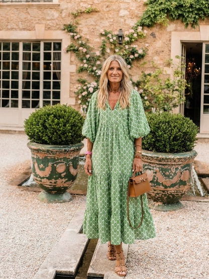Women's Patterned Midi Dress with V-Neck for Travel