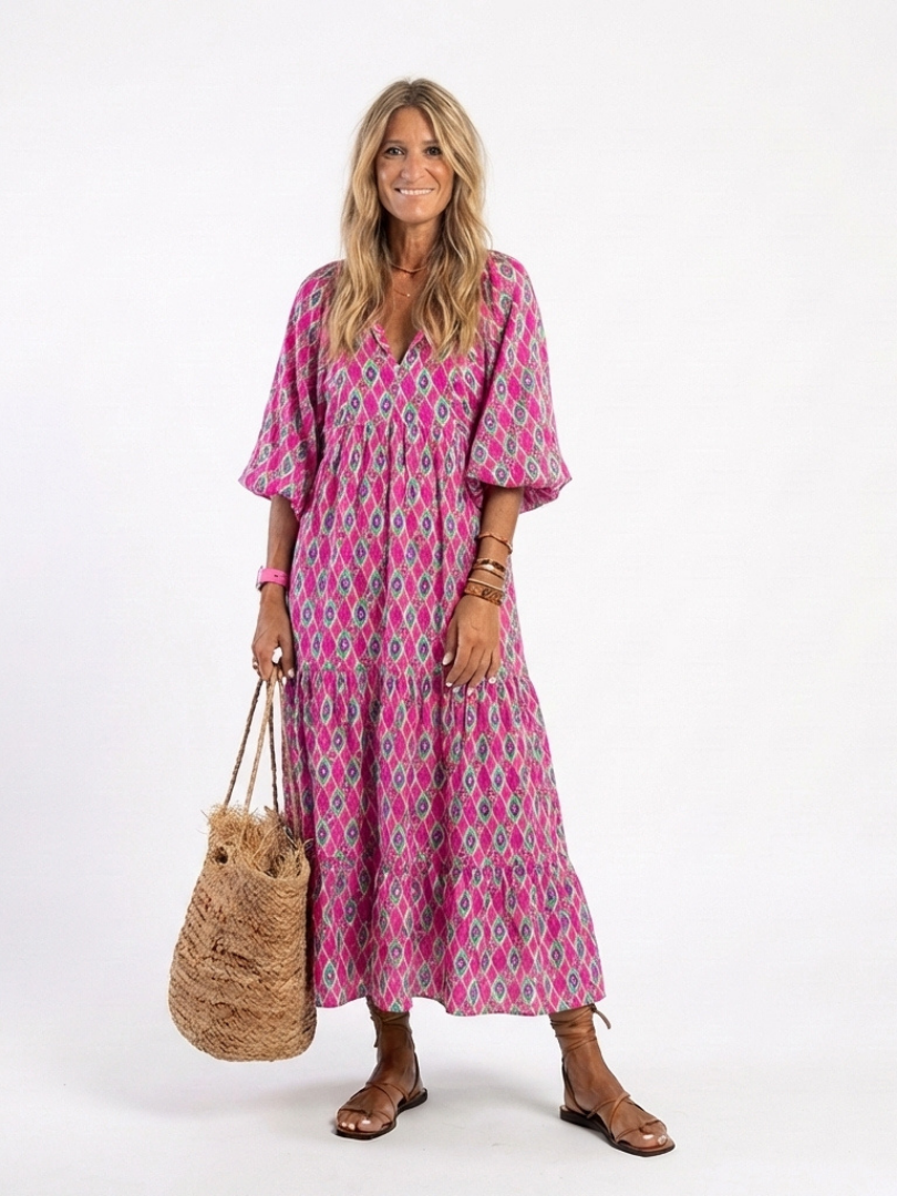 Women's Patterned Midi Dress with V-Neck for Travel