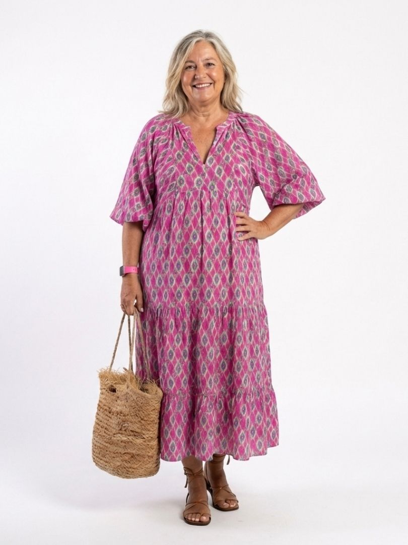 Women's Patterned Midi Dress with V-Neck for Travel
