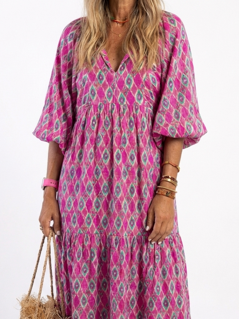 Women's Patterned Midi Dress with V-Neck for Travel