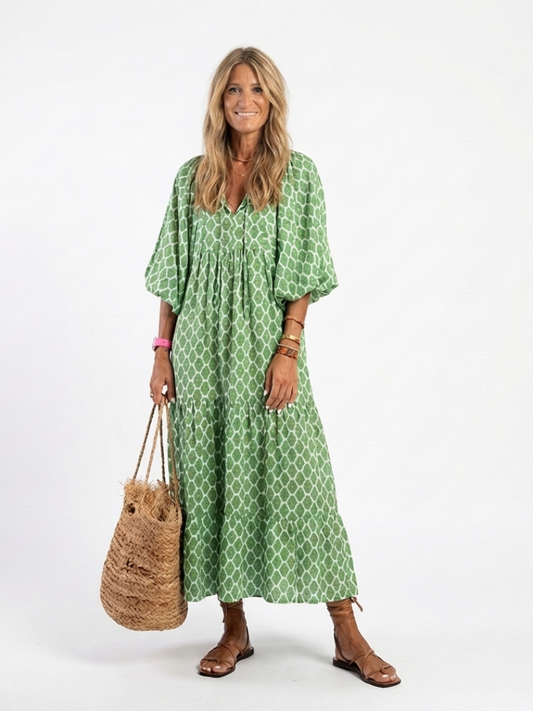 Women's Patterned Midi Dress with V-Neck for Travel