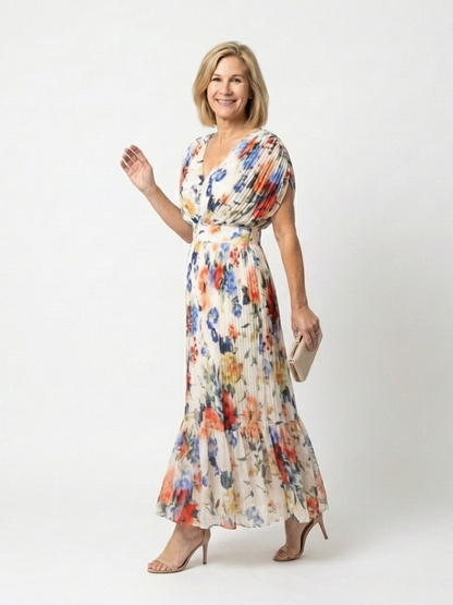 Women's Pleated Floral Midi Dress with Short Sleeves – Casual