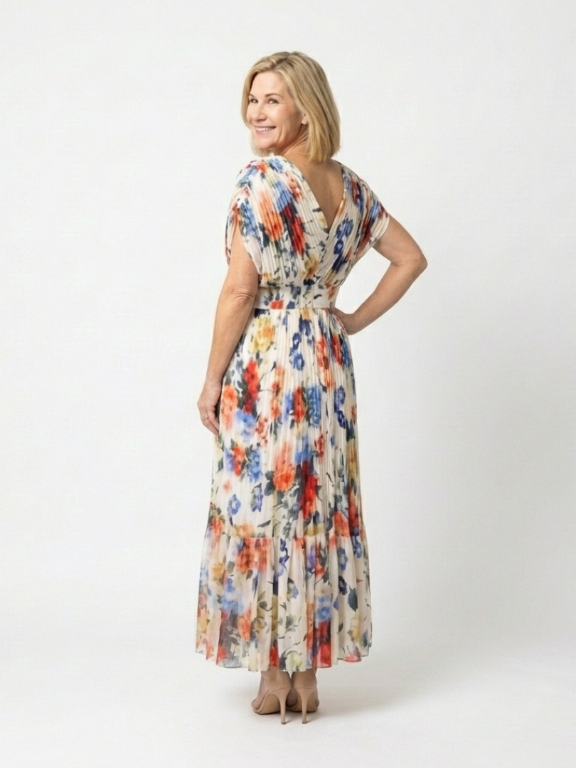 Women's Pleated Floral Midi Dress with Short Sleeves – Casual