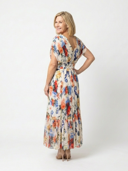 Women's Pleated Floral Midi Dress with Short Sleeves – Casual