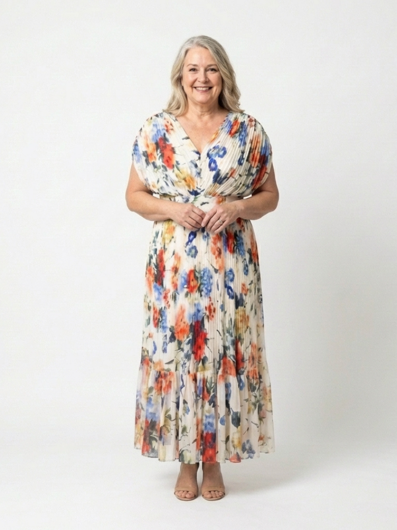 Women's Pleated Floral Midi Dress with Short Sleeves – Casual