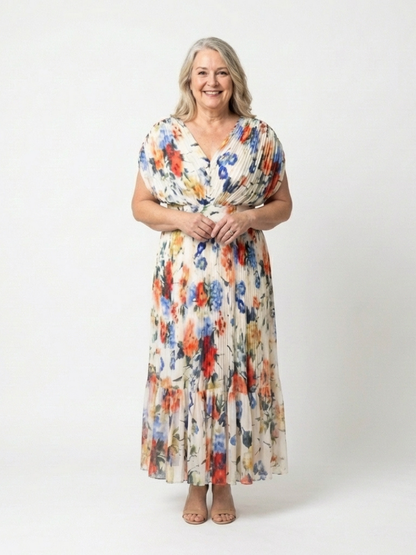 Women's Pleated Floral Midi Dress with Short Sleeves – Casual