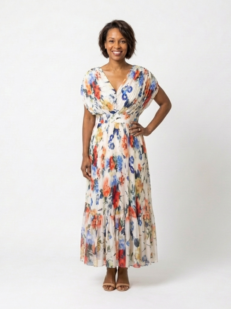 Women's Pleated Floral Midi Dress with Short Sleeves – Casual