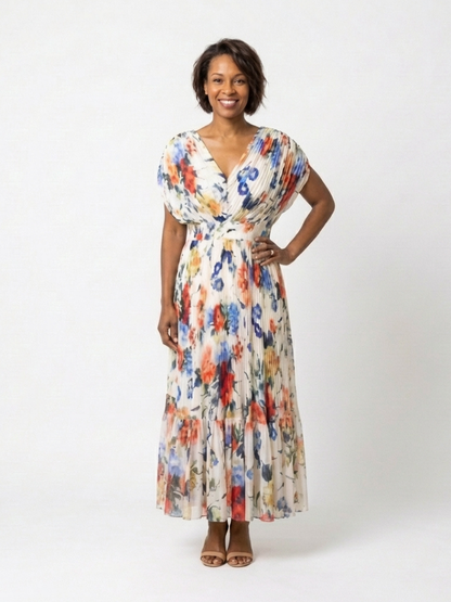 Women's Pleated Floral Midi Dress with Short Sleeves – Casual