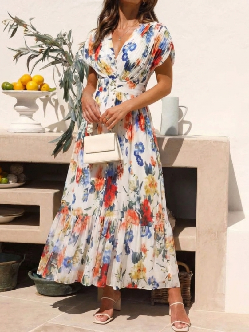 Women's Pleated Floral Midi Dress with Short Sleeves – Casual