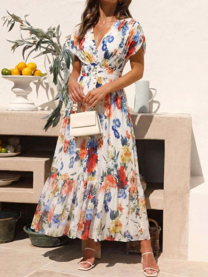 Women's Pleated Floral Midi Dress with Short Sleeves – Casual