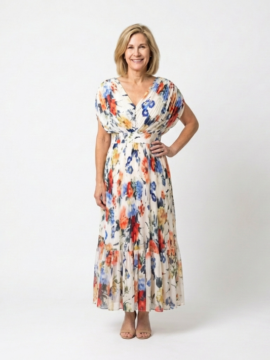 Women's Pleated Floral Midi Dress with Short Sleeves – Casual