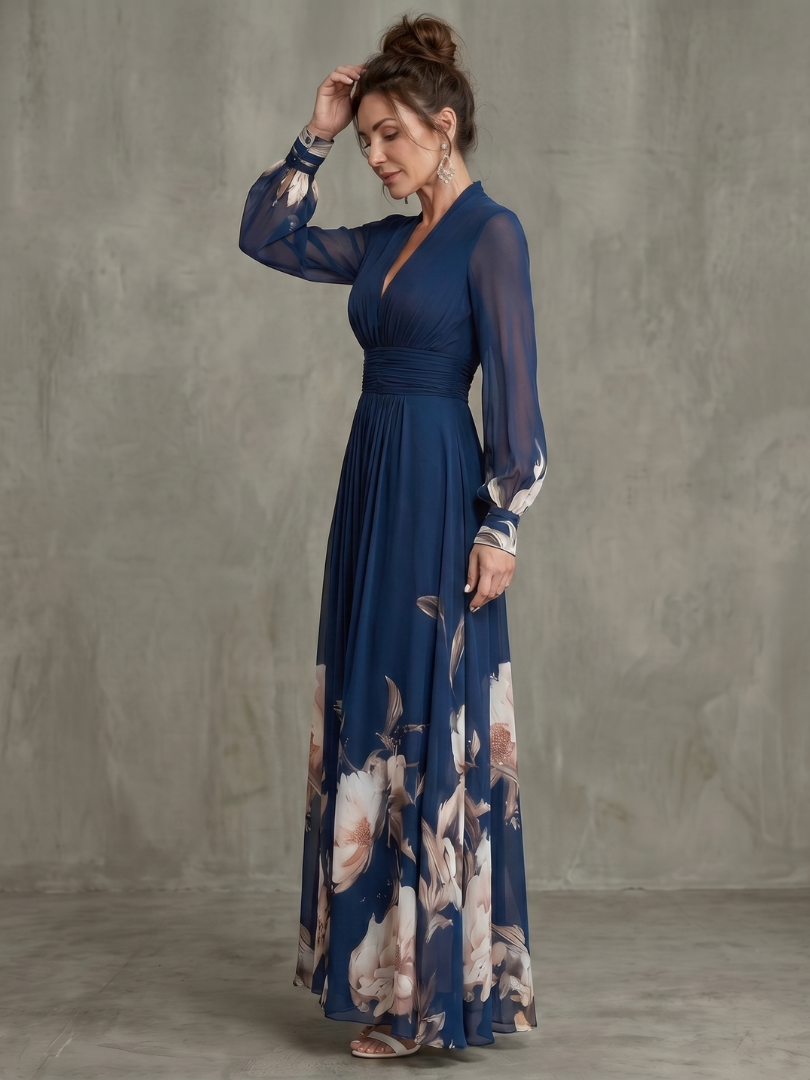Women's Pleated Maxi Dress with Sheer Sleeves for Evening Events
