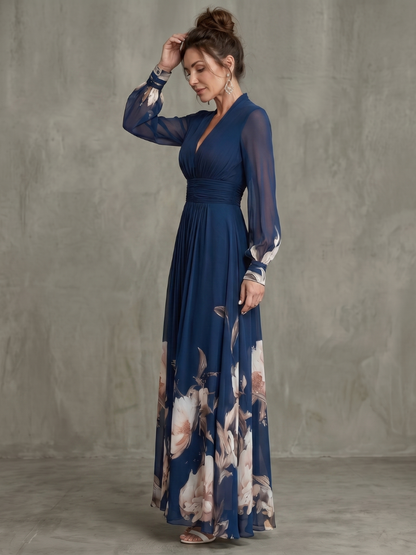 Women's Pleated Maxi Dress with Sheer Sleeves for Evening Events