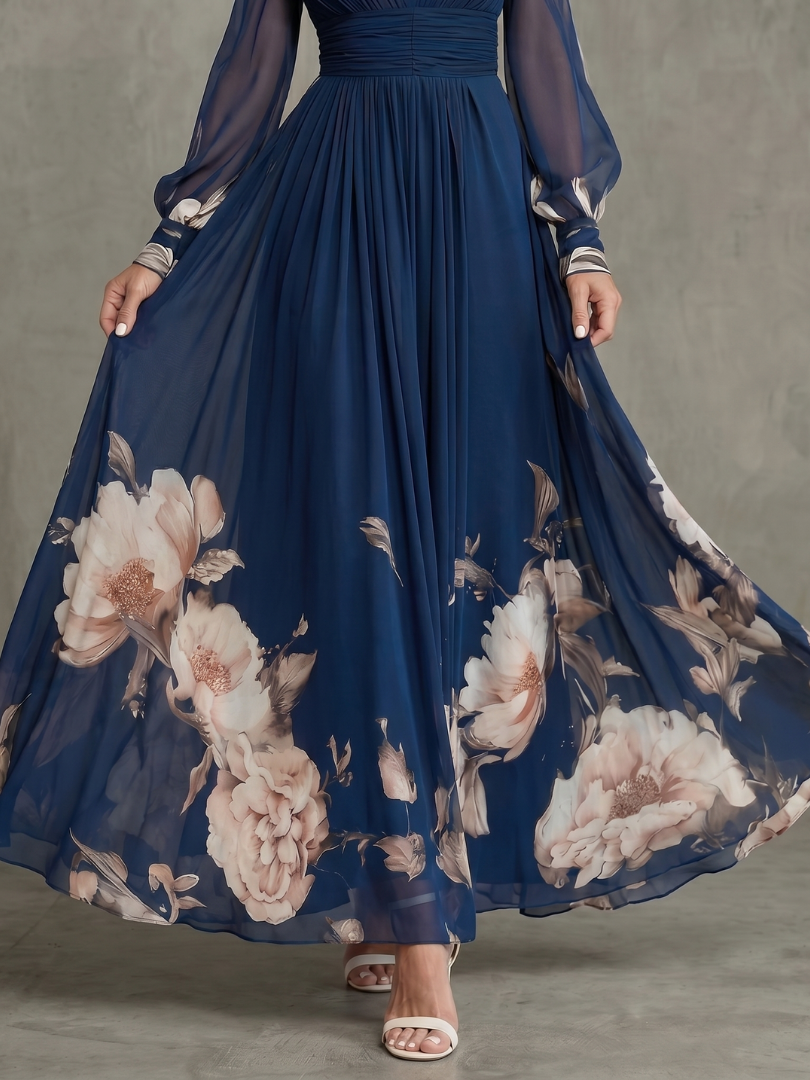 Women's Pleated Maxi Dress with Sheer Sleeves for Evening Events