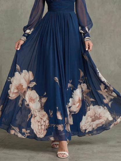 Women's Pleated Maxi Dress with Sheer Sleeves for Evening Events
