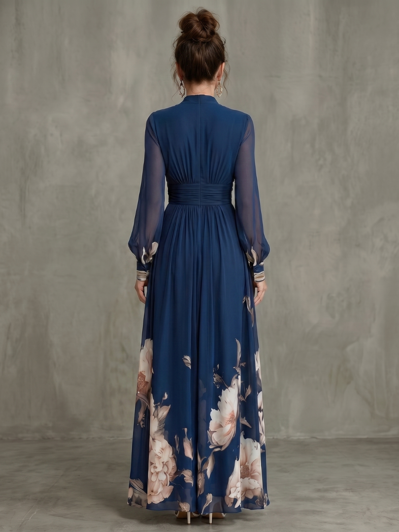 Women's Pleated Maxi Dress with Sheer Sleeves for Evening Events