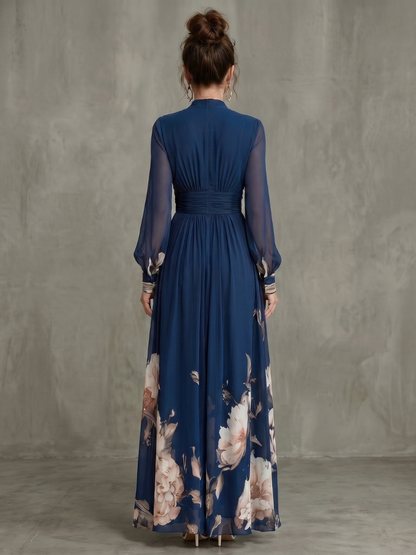 Women's Pleated Maxi Dress with Sheer Sleeves for Evening Events